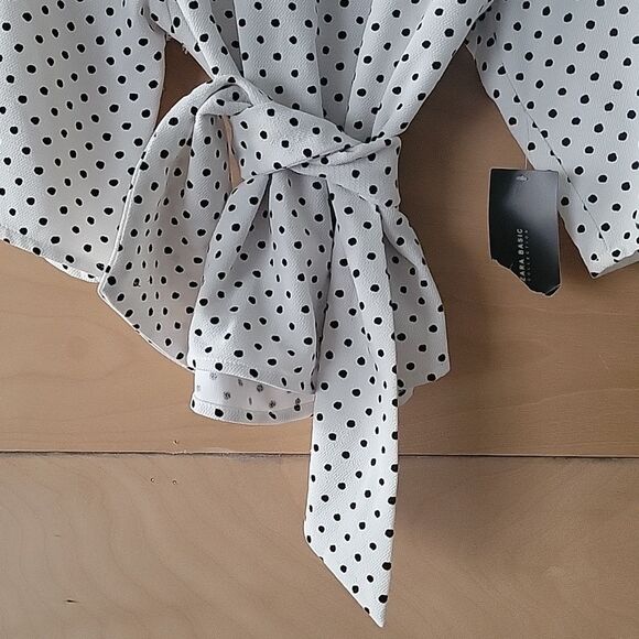 NWT Zara XS Wrap Tie Polka Dot Blk White Blouse Coquette Bow Modest Feminine Top - Picture 3 of 15